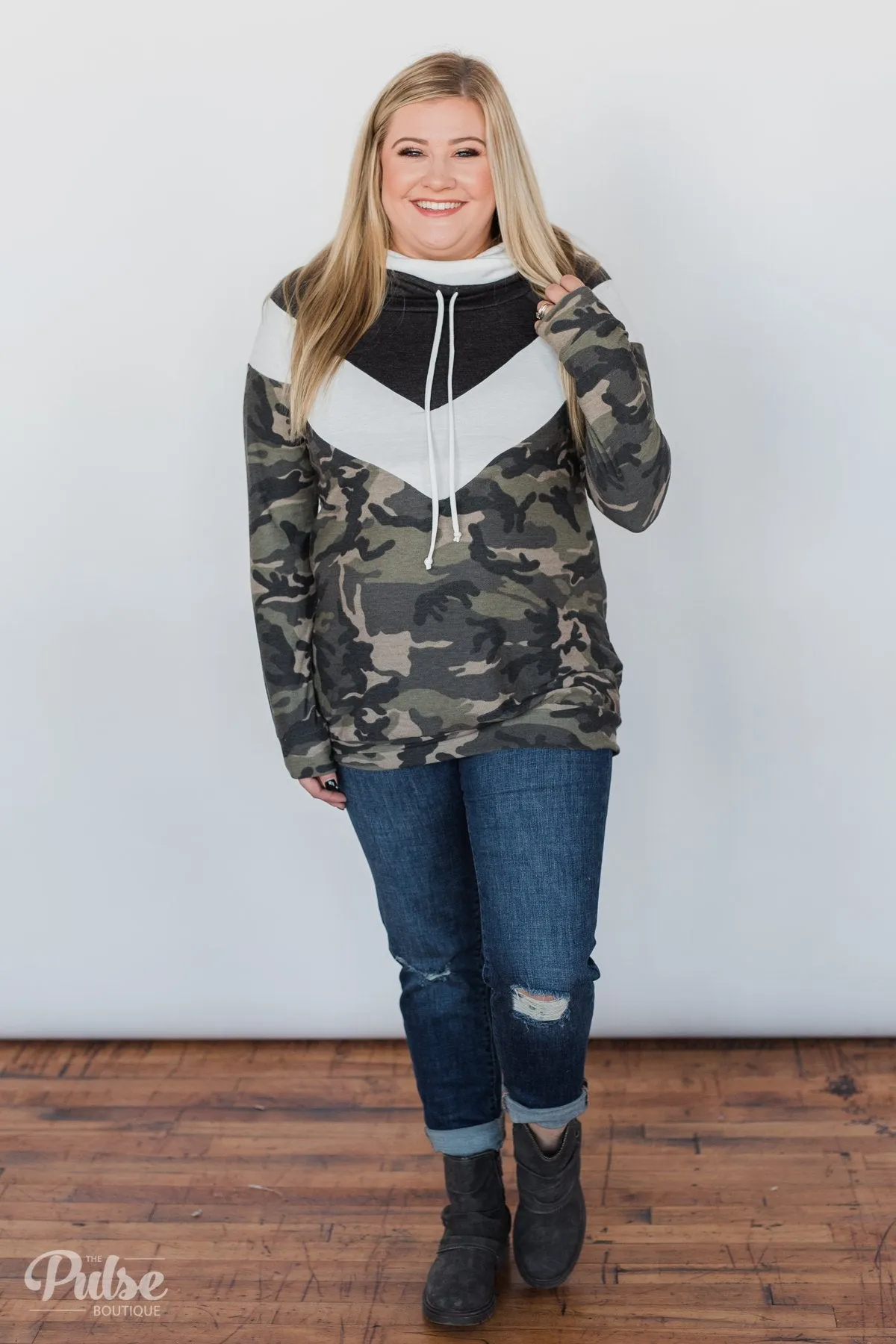 Camo Chevron Cowl Neck Top
