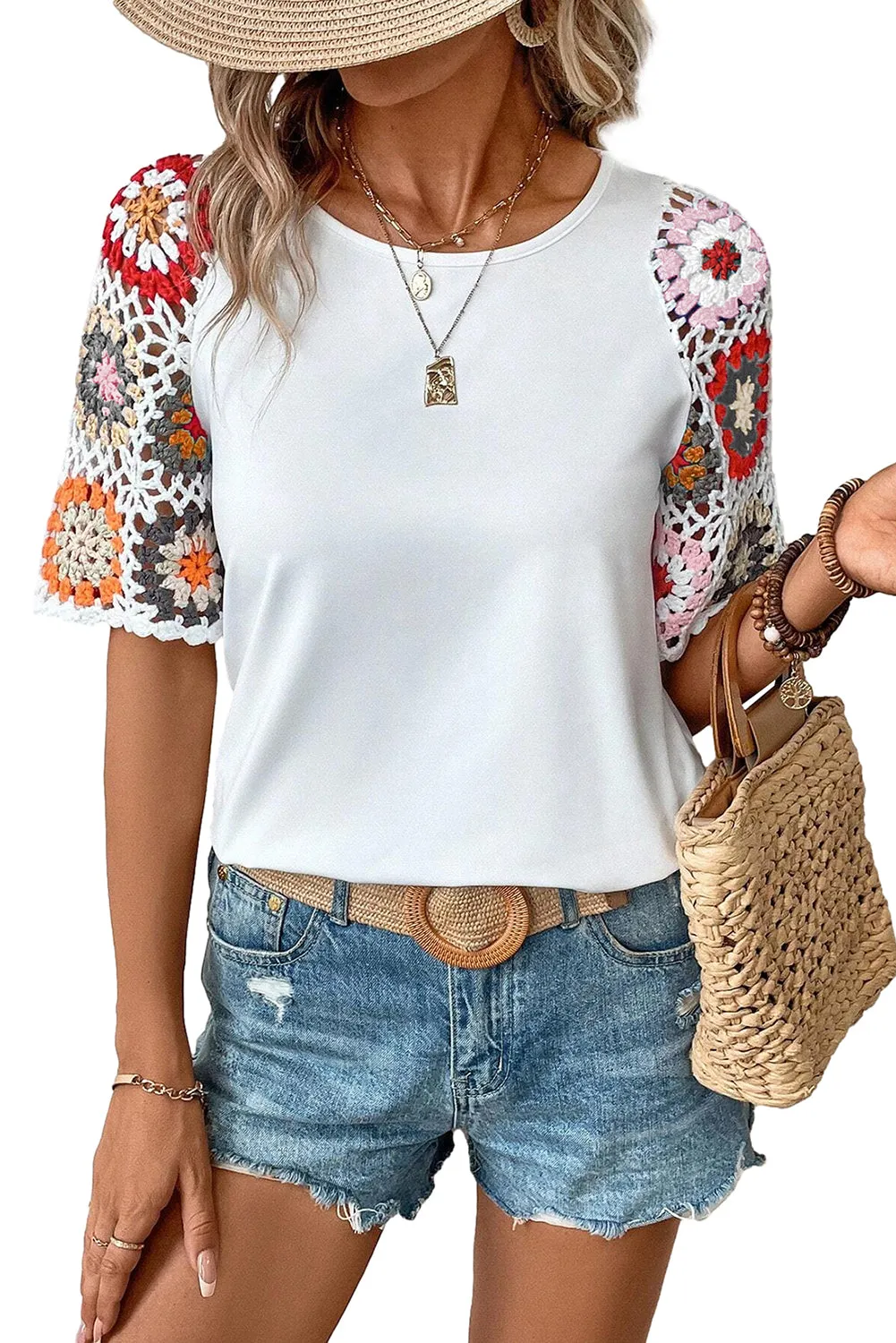 Floral  Crochet Sleeve Boho Blouse