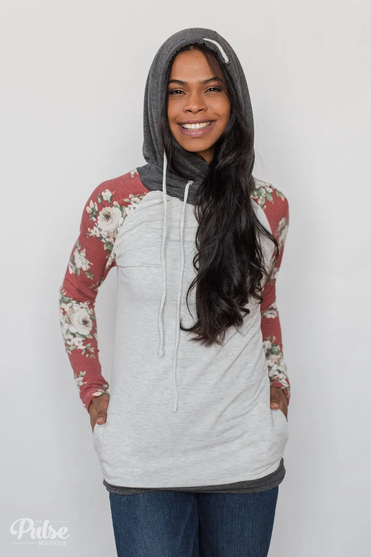 Smile Pretty Floral Drawstring Hoodie- Heather Grey